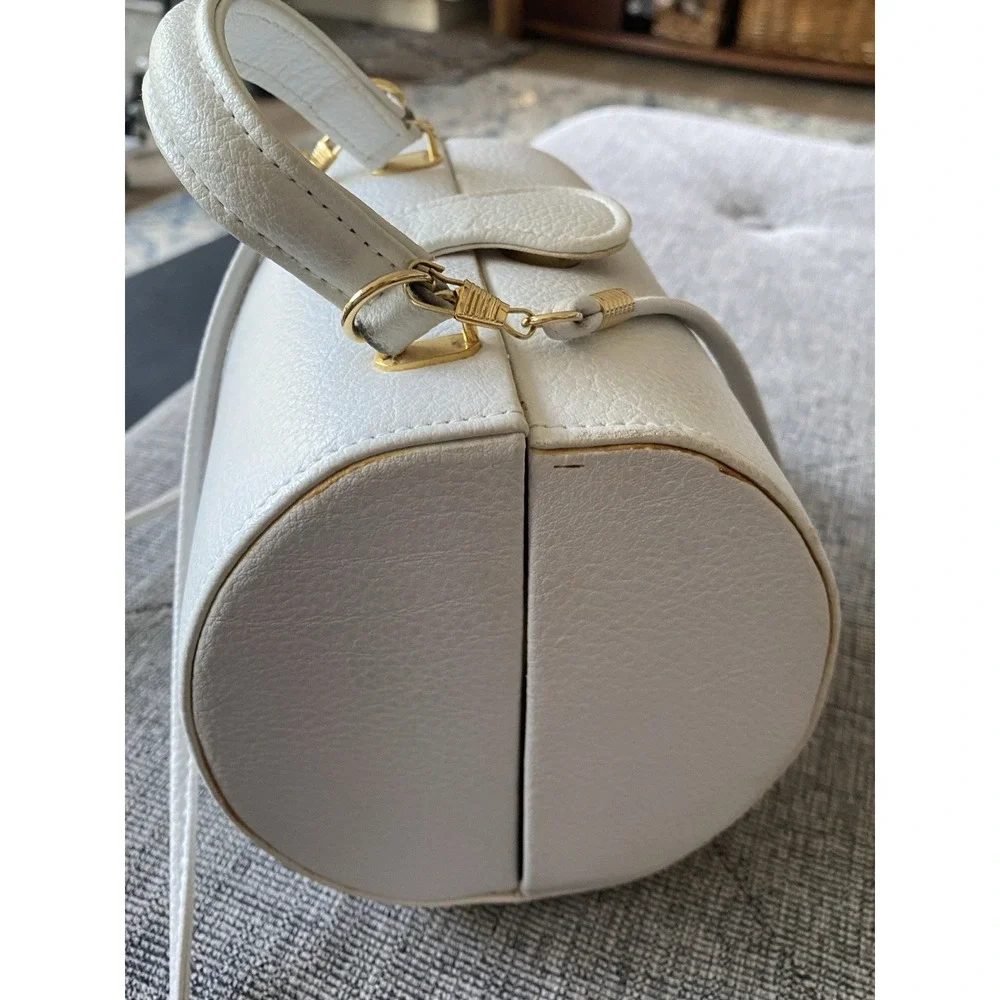 VTG White Textured Barrel Bag 80's Gold  Hardware Mini Satchel Top Handle